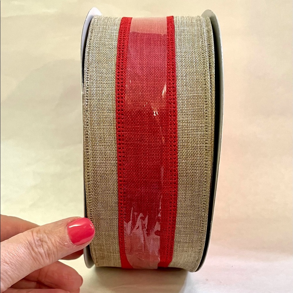 Wired Christmas Ribbon Burlap look/Red Stripe NIP